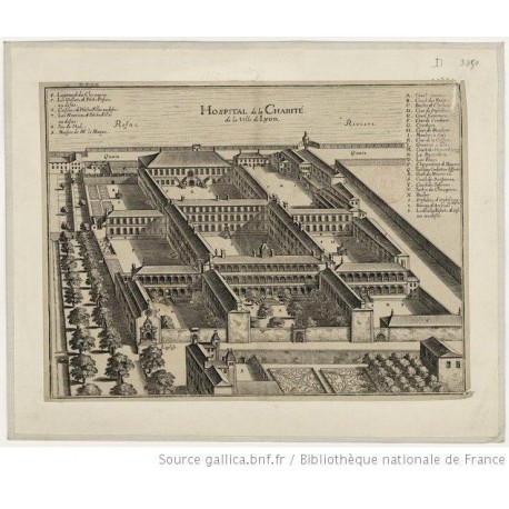 La gravure de l'ensemble de l'hôpital de la Charité.